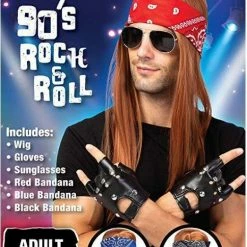 Spooktacular Creations Rockstar 90s Heavy Metal Rocker Costume With Wig, Gloves, Sunglasses And Bandanas Cosplay Costumes For Men