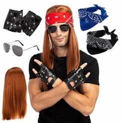 Spooktacular Creations Rockstar 90s Heavy Metal Rocker Costume With Wig, Gloves, Sunglasses And Bandanas Cosplay Costumes For Men