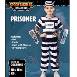 Spooktacular Creations Prisoner Jail Cosplay Costume With Tattoo Sleeve And Toy Handcuffs For Kids