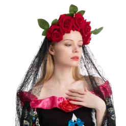 Spooktacular Creations Day Of The Dead Cosplay - Headband With Rose And Veil, Face Tattoo
