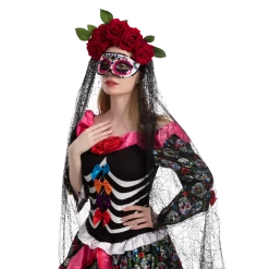 Spooktacular Creations Day Of The Dead Cosplay - Headband With Rose And Veil, Masquerade Eye Mask