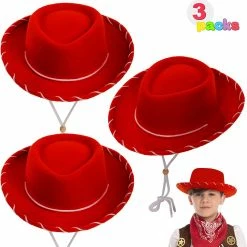 Spooktacular Creations Red Felt Cowboy Hats For Kids Cosplay Accessories, 3 Pack